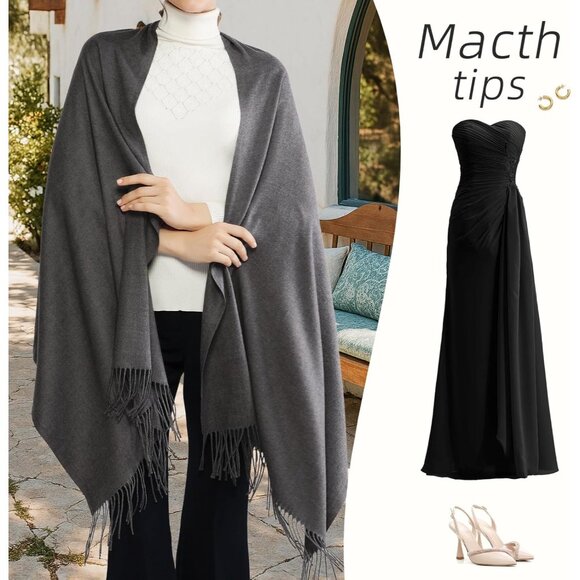 ⚡Women Dark Grey Pashmina Evening Dress Bridesmaid Winter Warm Long Scarf - Picture 2 of 7